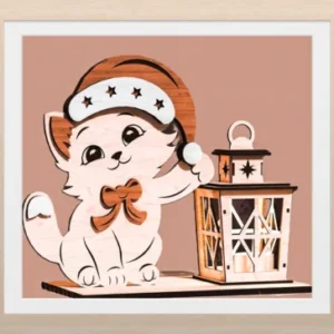 Luminária Natalina em MDF 3D Gatinho com Gorro: Enfeite de Mesa e Decoração de Natal!