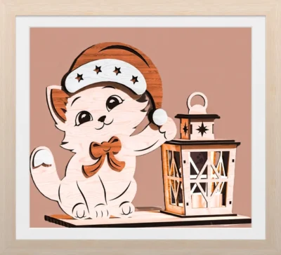 Luminária Natalina em MDF 3D Gatinho com Gorro: Enfeite de Mesa e Decoração de Natal!