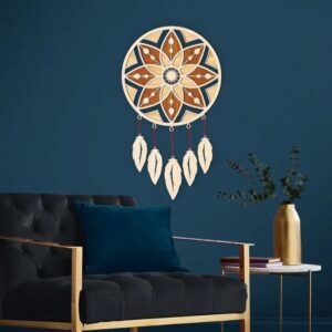 Filtro dos Sonhos 3D Mandala Sol em MDF com Penas Pendentes